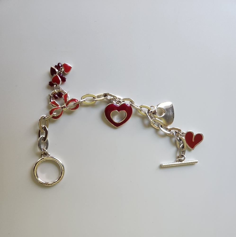 Silver and Red Heart Charm Bracelet